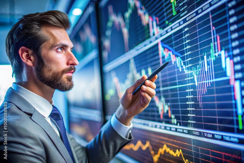 Professional trader analyzing stock market data on a large digital screen with colorful graphs. Focus on hand holding a pen while analyzing financial trends, emphasizing data-driven trading strategies Professional trader analyzing stock market data on a large digital screen with colorful graphs. Focus on hand holding a pen while analyzing financial trends, emphasizing data-driven trading strategies