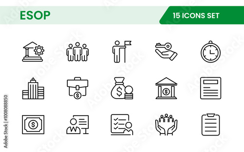 Outline icons about ESOP employee stock ownership plan. Contains such icons as company, win-win, scheme and benefits.