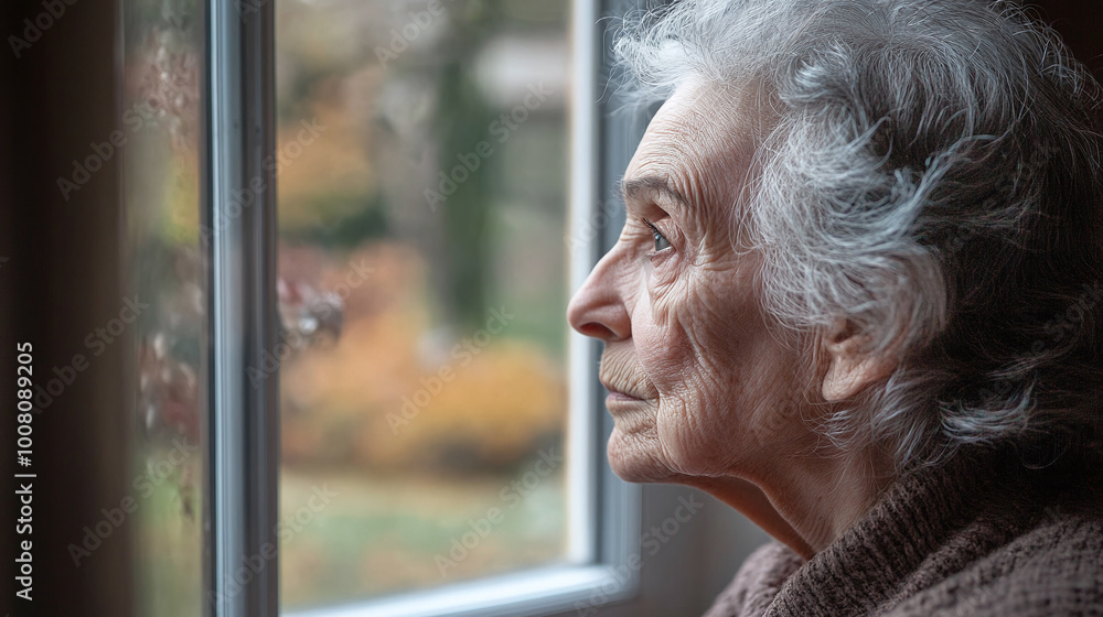 A profile view of an older woman gazing thoughtfully out of a window, with soft light illuminating her aged features. A profile view of an older woman gazing thoughtfully out of a window, with soft light illuminating her aged features.