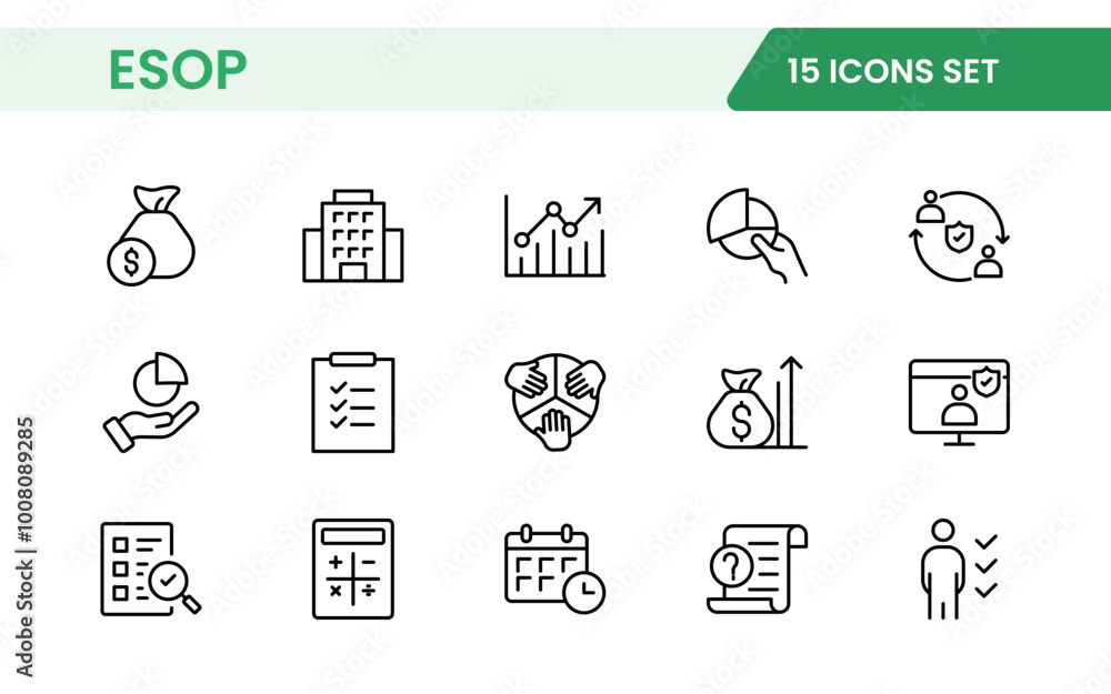 Outline icons about ESOP employee stock ownership plan. Contains such icons as company, win-win, scheme and benefits. Outline icons about ESOP employee stock ownership plan. Contains such icons as company, win-win, scheme and benefits.