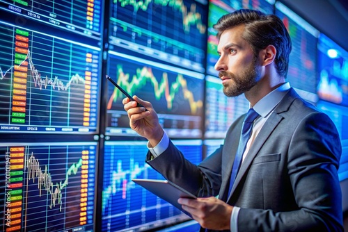 Professional trader analyzing stock market data on a large digital screen with colorful graphs. Focus on hand holding a pen while analyzing financial trends, emphasizing data-driven trading strategies