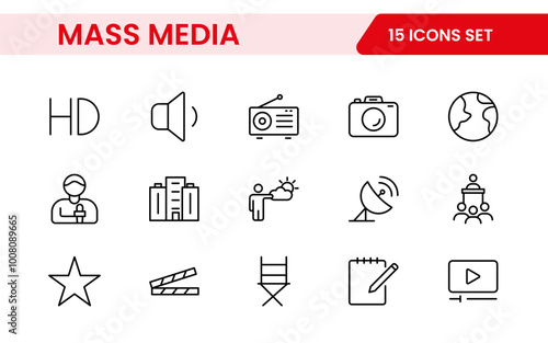 Mass media outline vector icons large set isolated on white background. media business concept. Media outline icons set.