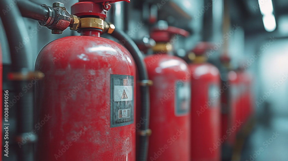 Close-up of red fire extinguishers mounted on a wall. Close-up of red fire extinguishers mounted on a wall.