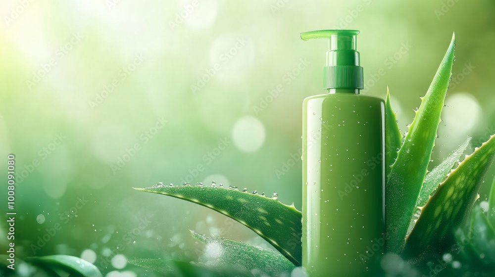 bottle with an aloe vera leaf and green background, copy and text space, 16:9 bottle with an aloe vera leaf and green background, copy and text space, 16:9