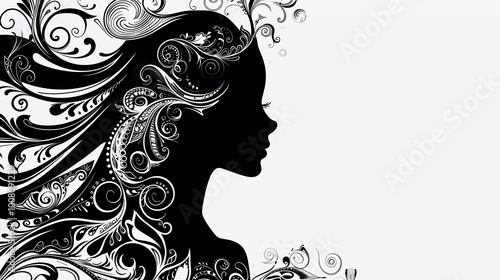 woman silhouette logo design with abstract floral ornamen in black and white design