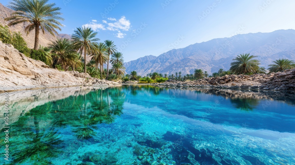 A beautiful blue lake with palm trees in the background A beautiful blue lake with palm trees in the background