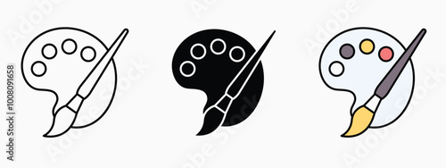 Editable palatte icon in silhouette and in editable colored icon in unexpanded vector form, Three different types of paintbrush icons set
