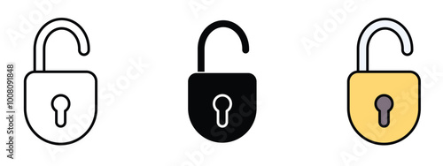 Three Unlock icon in unexpanded vector forms, icons are in outlined style, silhouette and editable color formats