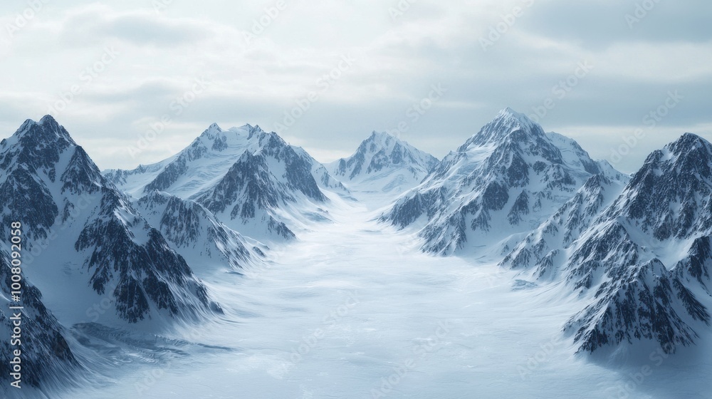 A vast, snow-covered mountain range with a clear blue sky in the background A vast, snow-covered mountain range with a clear blue sky in the background