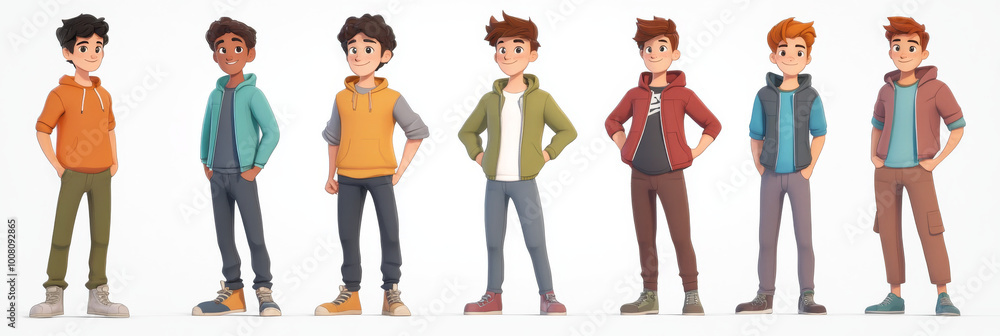 Seven young men, diverse in ethnicity, stand in a row against a white background. Seven young men, diverse in ethnicity, stand in a row against a white background.