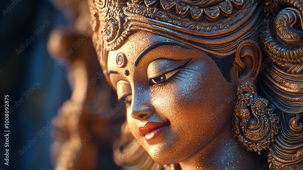 Obraz premium A beautifully adorned statue of a Hindu deity in a temple, highlighting religious devotion and culture
