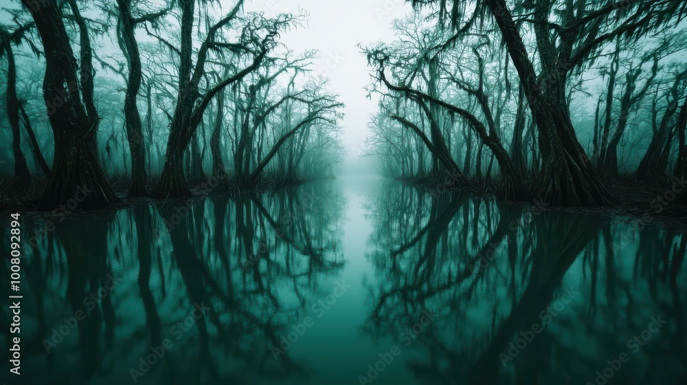 Obraz premium A forest with trees and water