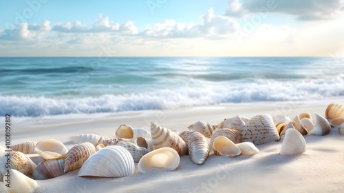 Beautiful sunny day in the beach, various types of seashells on beach