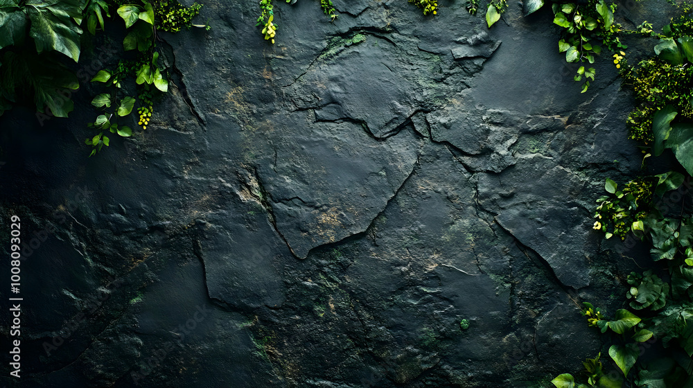 Dark Stone Background with Green Foliage Dark Stone Background with Green Foliage