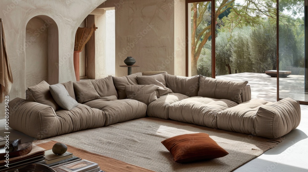 Fototapeta premium Low Profiles: This furniture style includes low-profile sofas and beds, which provide a grounded feel while maximizing the sense of space in the room. 