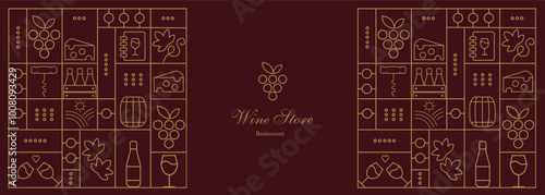 Wine pattern with  wine glasses, wine bottles, cheese, corkscrew, cork and abstract design elements in simple geometric style. Good for branding, decoration of wine package, cover design, menu.