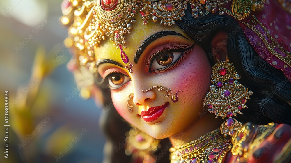 A beautifully adorned statue of a Hindu deity in a temple, highlighting religious devotion and culture A beautifully adorned statue of a Hindu deity in a temple, highlighting religious devotion and culture
