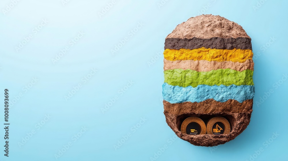Fototapeta premium A cross-section of the earth showing different layers, with mining tunnels and resources depicted below the surface, symbolizing geological exploration
