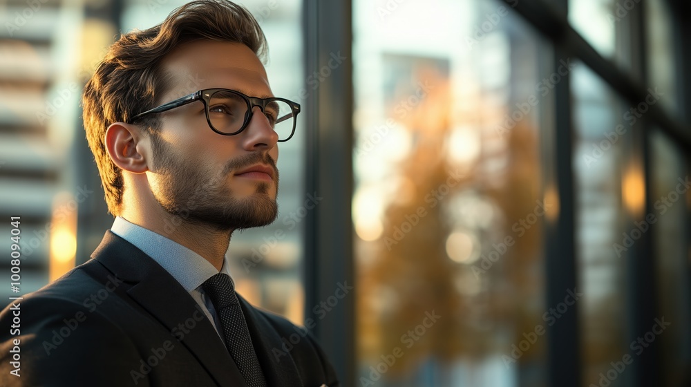 Stock Photo of a Businessman in Side View, Capturing a Professional and Confident Pose in a Corporate Environment. Stock Photo of a Businessman in Side View, Capturing a Professional and Confident Pose in a Corporate Environment.