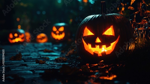 Carved pumpkins with sinister faces glowing in the night, casting eerie shadows on the ground, creating a spooky Halloween atmosphere