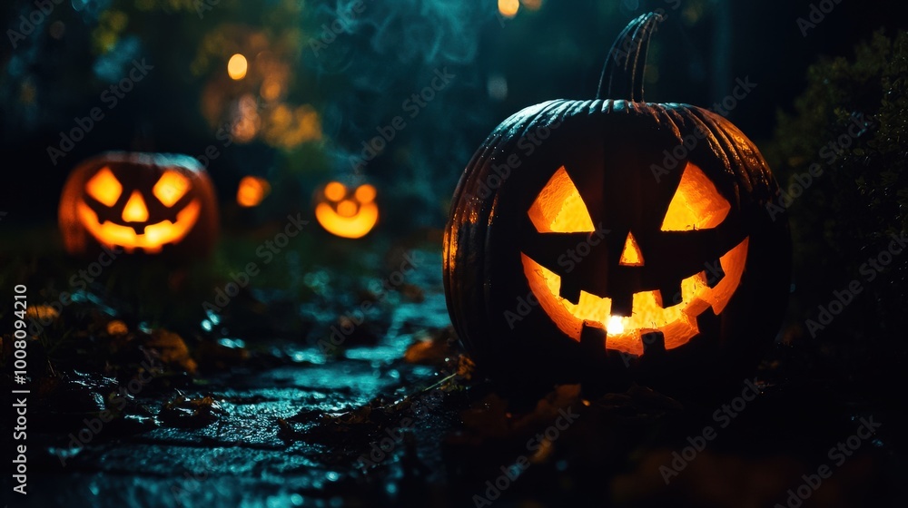 Fototapeta premium Carved pumpkins with sinister faces glowing in the night, casting eerie shadows on the ground, creating a spooky Halloween atmosphere