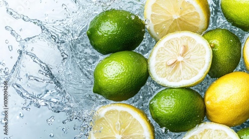 Fresh and vibrant limes and lemons splash in water, creating a refreshing and invigorating visual perfect for culinary themes.