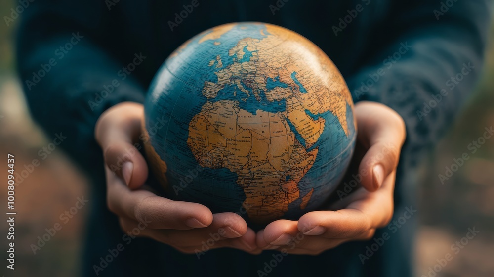 A person holds a globe with a focus on Africa, symbolizing care for the planet and global awareness in a natural setting. A person holds a globe with a focus on Africa, symbolizing care for the planet and global awareness in a natural setting.
