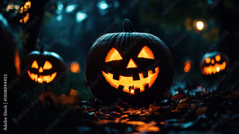 Fototapeta premium Carved pumpkins with sinister faces glowing in the night, casting eerie shadows on the ground, creating a spooky Halloween atmosphere