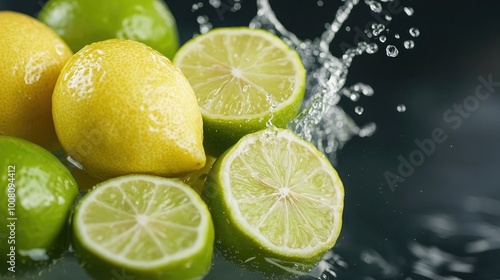 Fresh lemons and limes splashing in water, showcasing vibrant colors and refreshing zest. Perfect for food and beverage concepts.