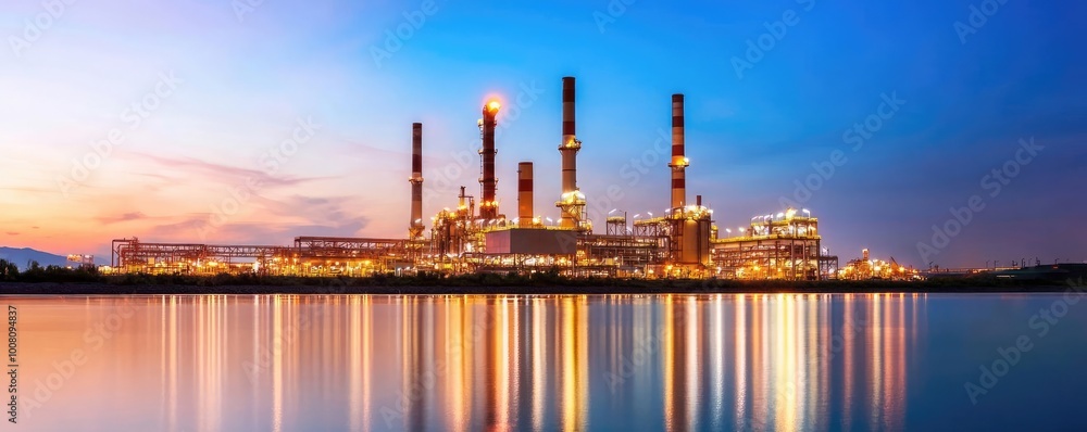 Obraz premium An oil refinery glowing at night, with lights reflecting off the surrounding water, symbolizing the energy infrastructure behind global oil production