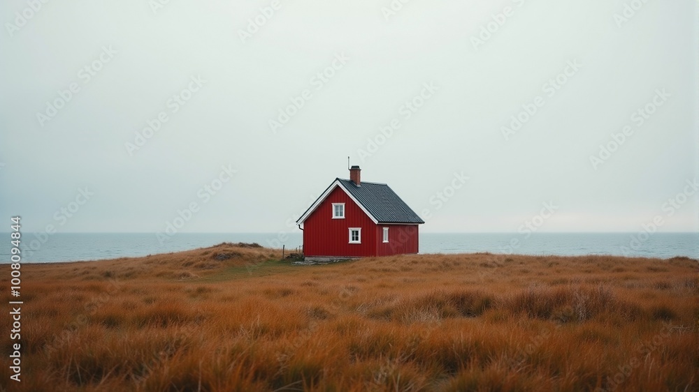 a red house with a gray roof on the seashore a red house with a gray roof on the seashore