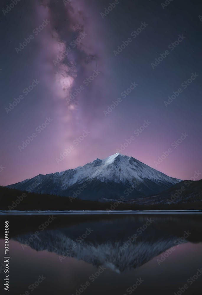 Fototapeta premium Snow-Capped Mountain Under the Milky Way at Night with Starry Sky Reflection in Water – Nighttime Landscape Photography