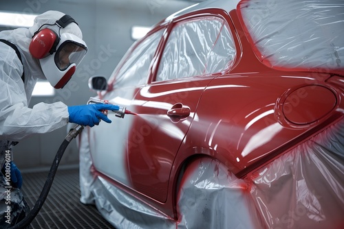 Painter sprays red paint on cars door, protective sheet covers, precise detail shown