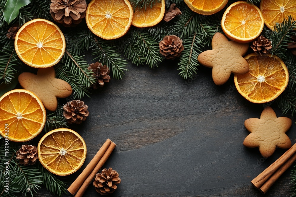 Christmas garland with gingerbread cookies, cinnamon sticks, and dried orange slices on a rustic wooden background Christmas garland with gingerbread cookies, cinnamon sticks, and dried orange slices on a rustic wooden background