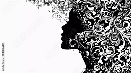 woman silhouette logo design with abstract floral ornamen in black and white design