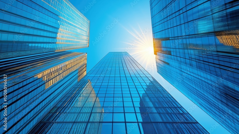High-Resolution Stock Photo of Modern Glass Skyscrapers Viewed from the Ground with Clear Blue Sky and Sunlight Rays, Conveying Growth, Luxury Real Estate, Business Transformation, and Technological I High-Resolution Stock Photo of Modern Glass Skyscrapers Viewed from the Ground with Clear Blue Sky and Sunlight Rays, Conveying Growth, Luxury Real Estate, Business Transformation, and Technological I