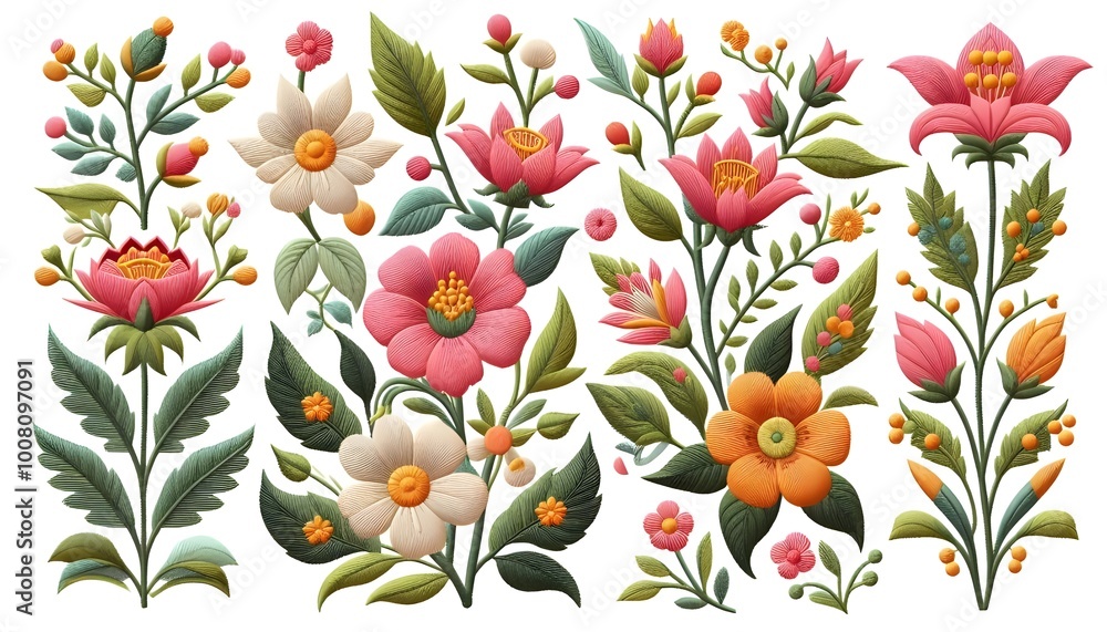 Flower embroidery png cut out element set Flower embroidery png cut out element set