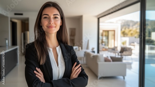 Confident European Real Estate Agent Standing Proudly Inside a Modern Home, Radiating Expertise and Approachability, Ready to Assist Potential Buyers.