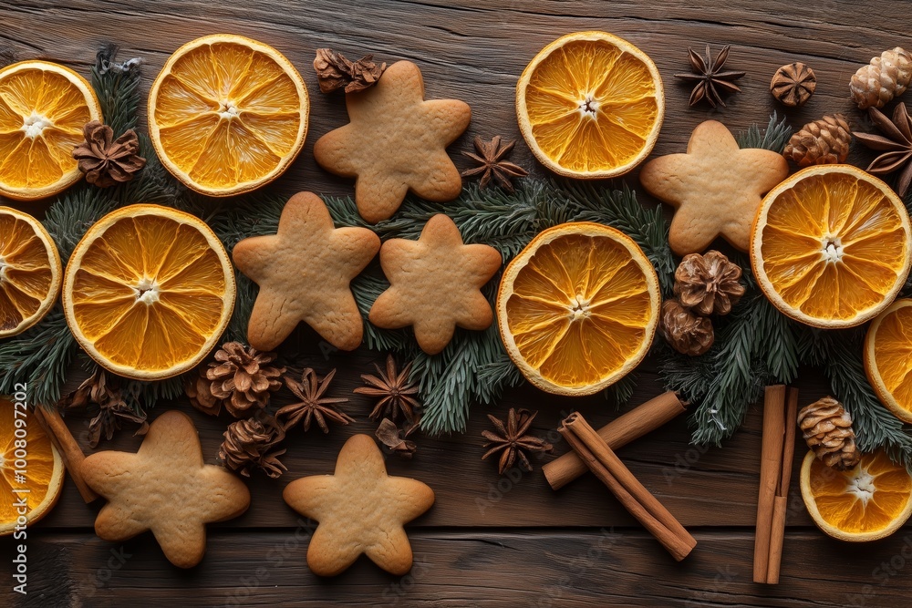 Christmas garland with gingerbread cookies, cinnamon sticks, and dried orange slices on a rustic wooden background Christmas garland with gingerbread cookies, cinnamon sticks, and dried orange slices on a rustic wooden background