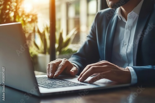 A businessperson sitting in front of a laptop, unknowingly interacting with a fraudulent email, BEC fraud, cyberattack photo