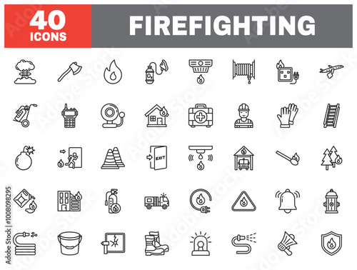 Set of 40 line icons firefighting. Outline icon collection. Editable stroke. Vector illustration.