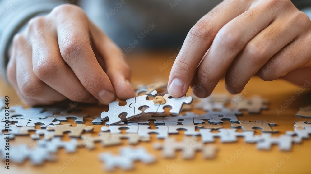 A person is assembling a jigsaw puzzle, focusing intently while surrounded by scattered puzzle pieces on a wooden table. A person is assembling a jigsaw puzzle, focusing intently while surrounded by scattered puzzle pieces on a wooden table.