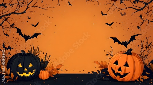 Spooky Halloween Banner with Carved Pumpkins and Bats on Autumn Night