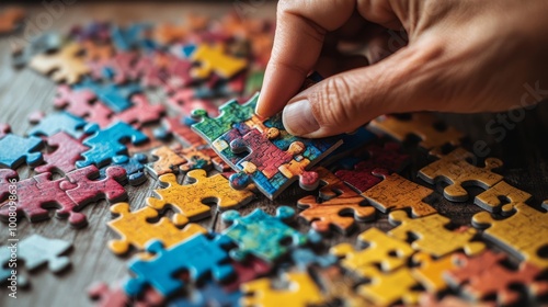 A hand is placing a colorful puzzle piece among scattered pieces, showcasing the joy of puzzle-solving and creativity.