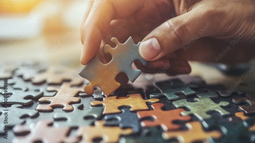 A person is placing a puzzle piece into a colorful jigsaw puzzle, highlighting focus and concentration. A person is placing a puzzle piece into a colorful jigsaw puzzle, highlighting focus and concentration.