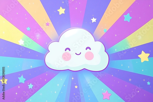 A cheerful cartoon cloud with smiling face is set against vibrant, colorful background filled with stars and rays of pastel colors, creating joyful and whimsical atmosphere