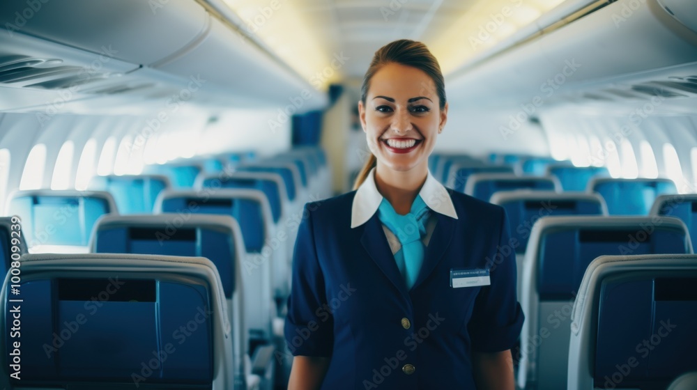 A friendly flight attendant beams warmly in the airplane cabin, exuding professionalism and hospitality against the backdrop of orderly seating. A friendly flight attendant beams warmly in the airplane cabin, exuding professionalism and hospitality against the backdrop of orderly seating.