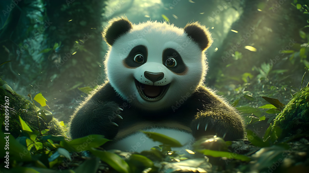 Obraz premium Cute Panda Bear Smiles In The Forest, 3D Animation, Jungle Background, Green Leaves, Lush Greenery, Wildlife, Nature, Adorable, Happy Panda, Smiling Face, Cartoon Character, Adorable Panda Bear
