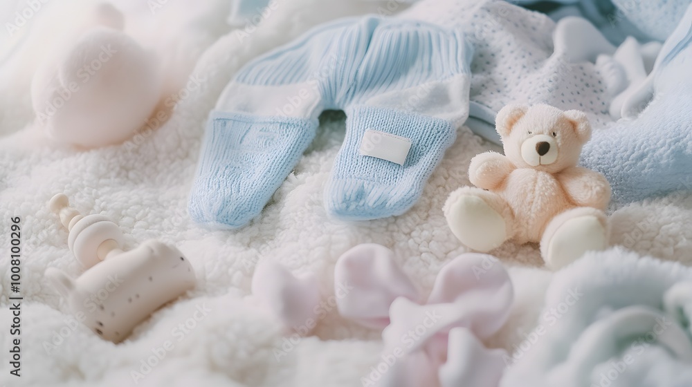 A close-up of delicate premature baby clothing arranged on a soft blanket, surrounded by gentle pastel-colored toys in a peaceful setting. A close-up of delicate premature baby clothing arranged on a soft blanket, surrounded by gentle pastel-colored toys in a peaceful setting.