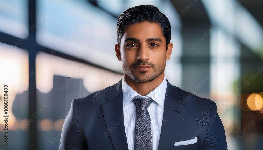 Confident Young Businessman Lawyer Office Worker in Blue Suit Standing in a Modern Office Setting with Natural Sunlight. Professional Leadership, Success, and Corporate Ambition in Focus Confident Young Businessman Lawyer Office Worker in Blue Suit Standing in a Modern Office Setting with Natural Sunlight. Professional Leadership, Success, and Corporate Ambition in Focus
